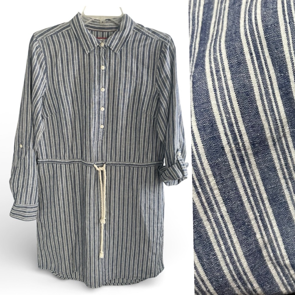 Shirt dress collared blue white stripe rope belt sailor preppy roll tab slv
